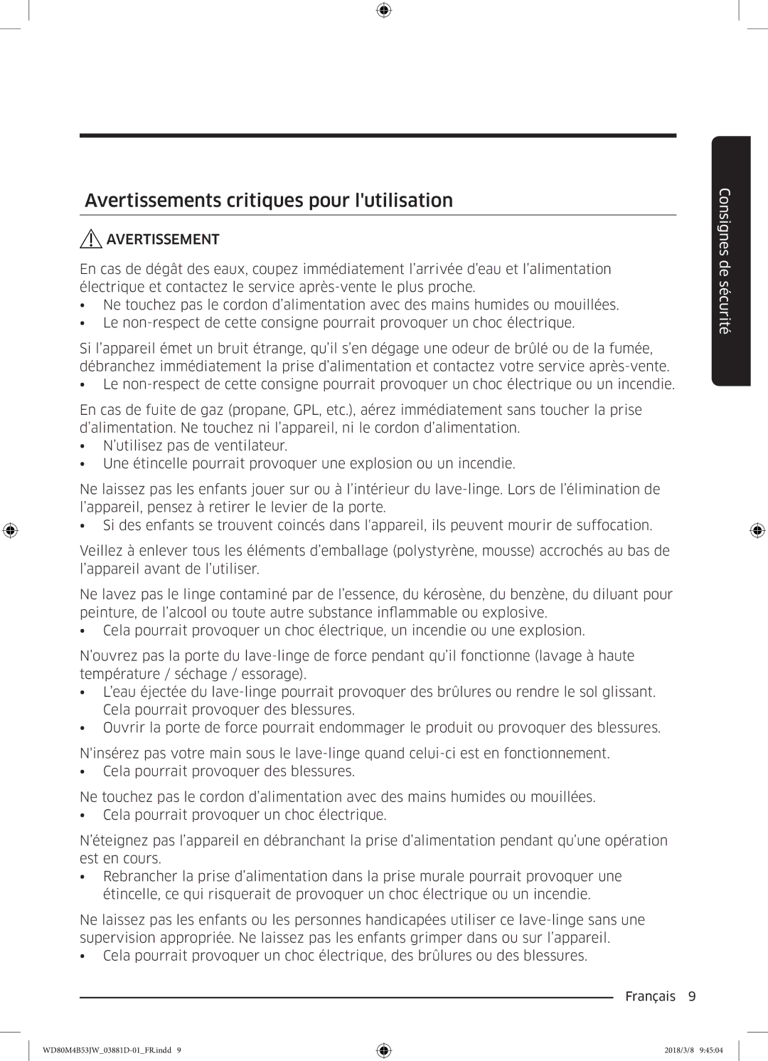 Samsung WD80M4B53JW/EF manual Avertissements critiques pour lutilisation 