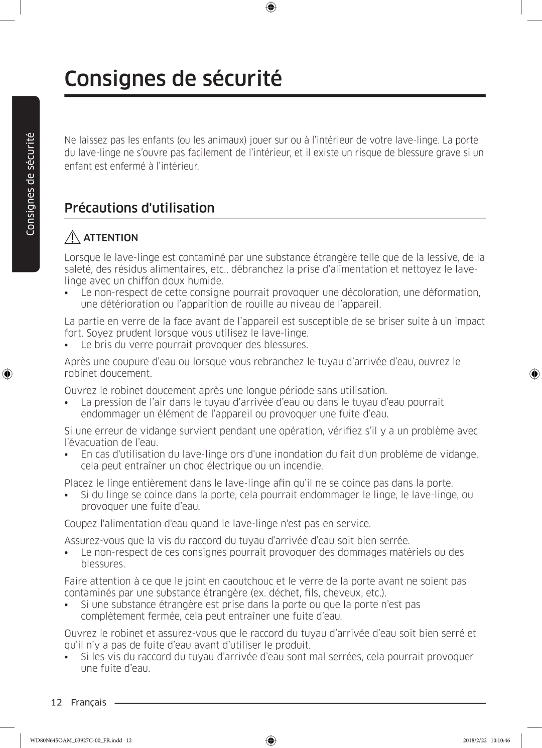 Samsung WD80N645OAM/EF, WD80N645OAX/EF manual Précautions dutilisation 