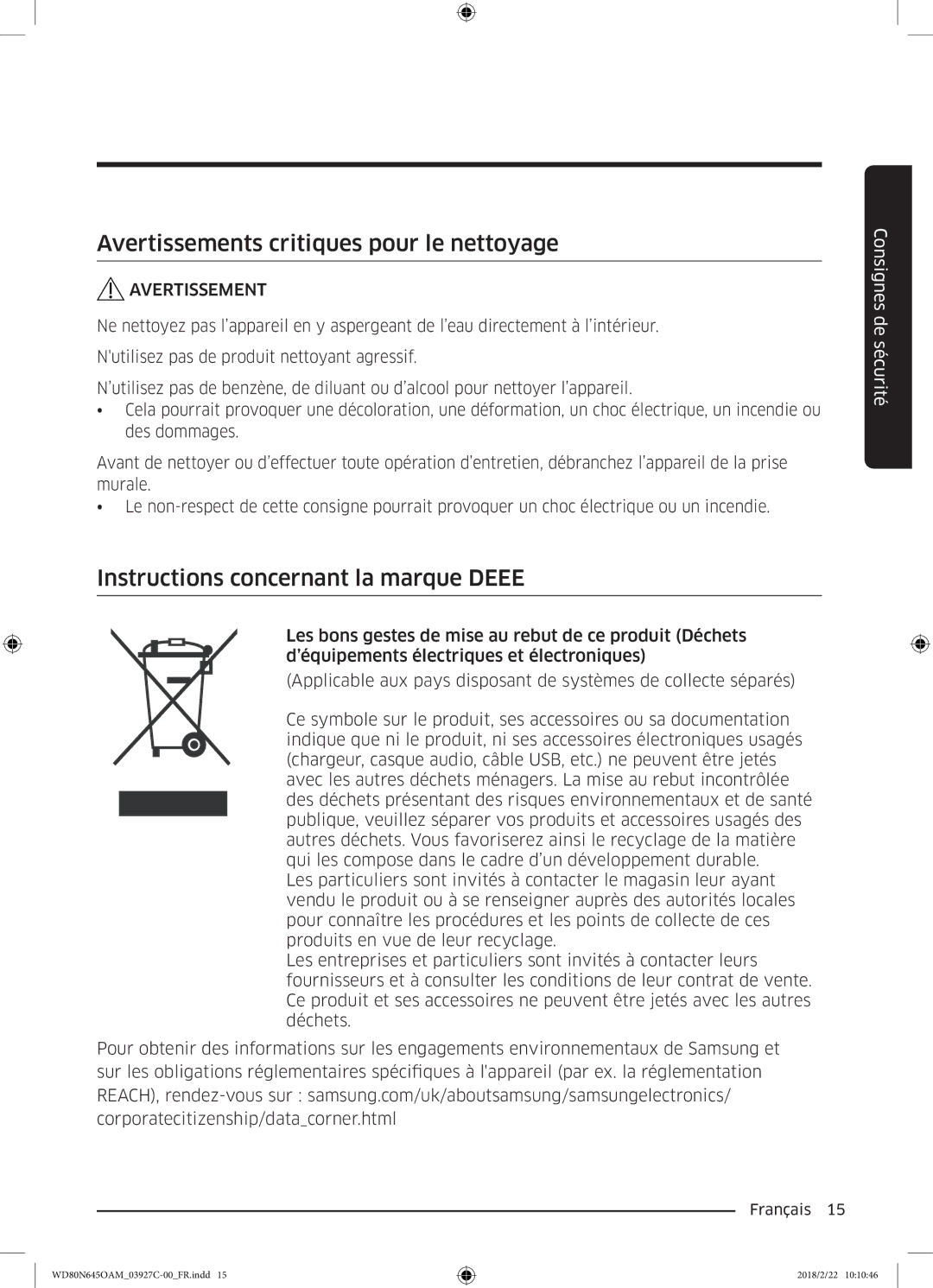 Samsung WD80N645OAX/EF, WD80N645OAM/EF Avertissements critiques pour le nettoyage, Instructions concernant la marque Deee 