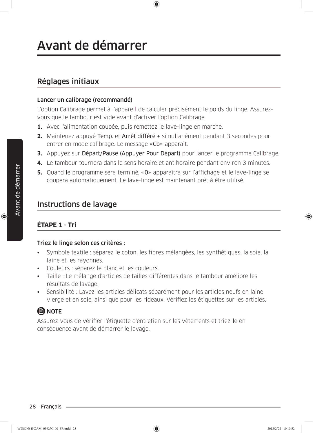 Samsung WD80N645OAM/EF, WD80N645OAX/EF manual Avant de démarrer, Réglages initiaux, Instructions de lavage 