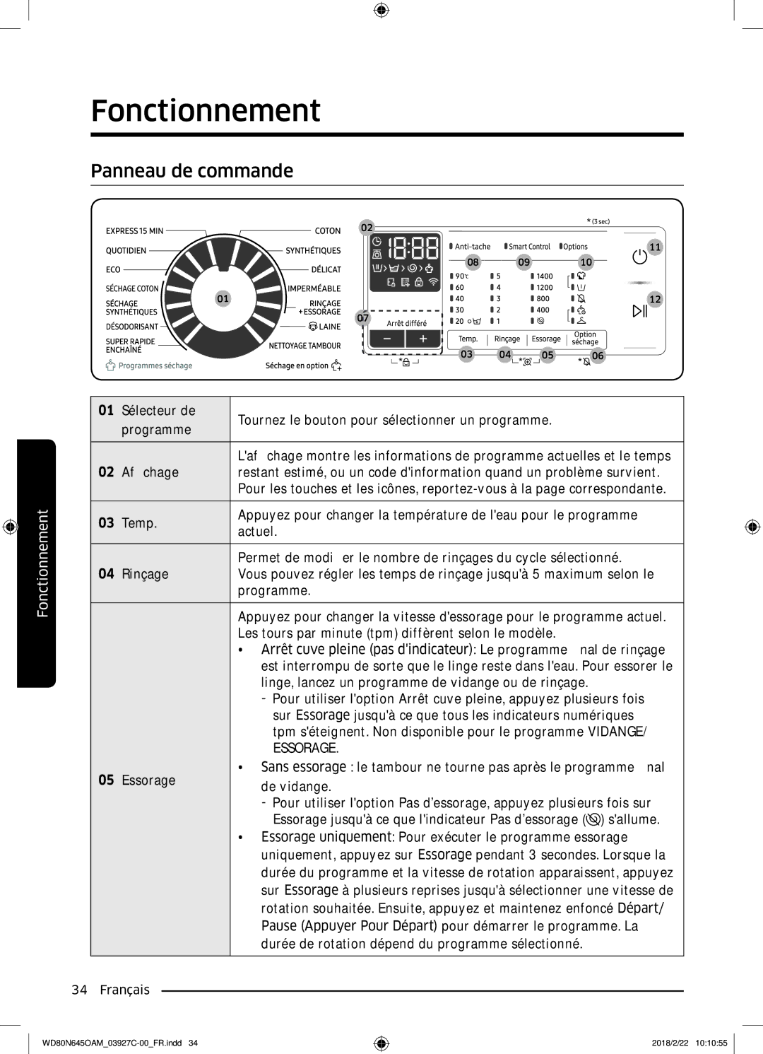 Samsung WD80N645OAM/EF, WD80N645OAX/EF manual Fonctionnement, Panneau de commande 