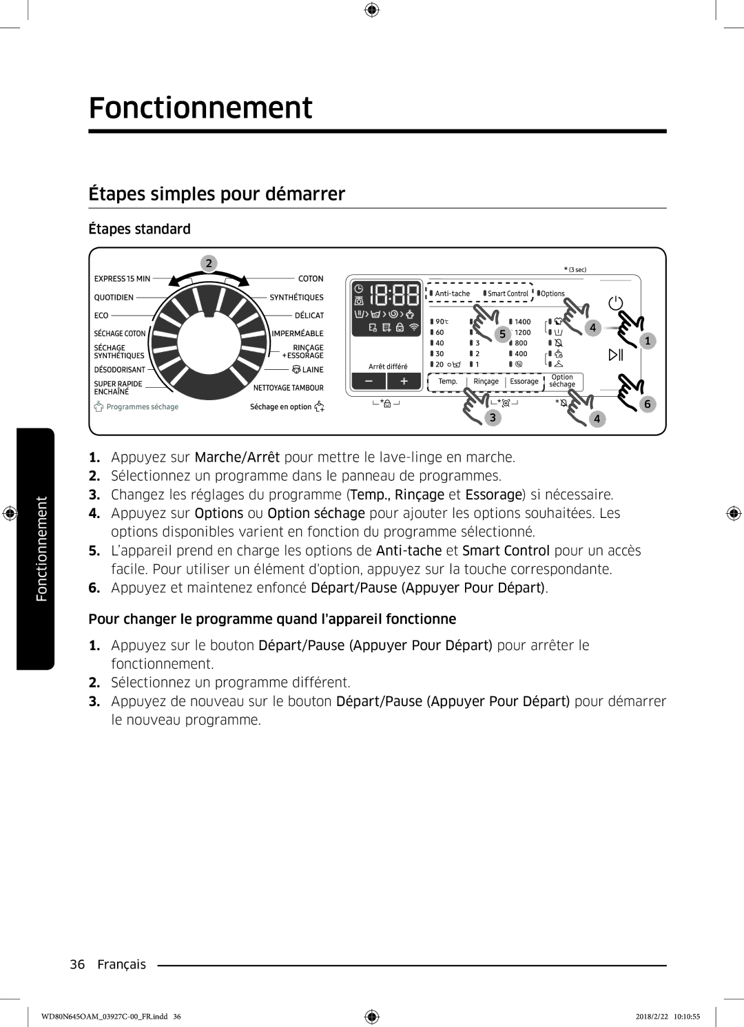 Samsung WD80N645OAM/EF, WD80N645OAX/EF manual Étapes simples pour démarrer 