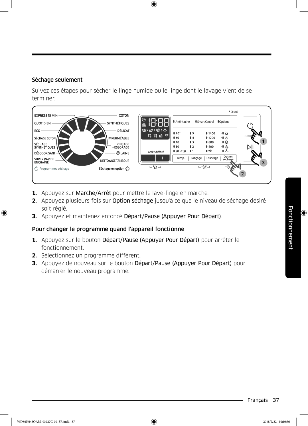 Samsung WD80N645OAX/EF, WD80N645OAM/EF manual Fonctionnement 