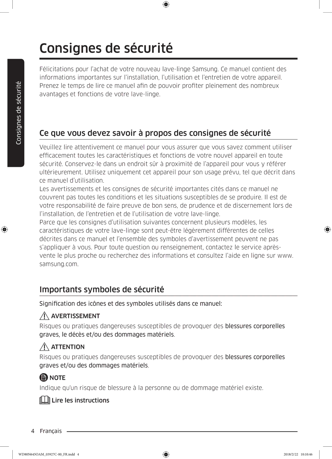 Samsung WD80N645OAM/EF, WD80N645OAX/EF Consignes de sécurité, Ce que vous devez savoir à propos des consignes de sécurité 