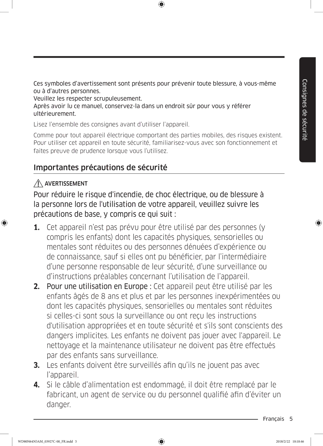 Samsung WD80N645OAX/EF, WD80N645OAM/EF manual Importantes précautions de sécurité 