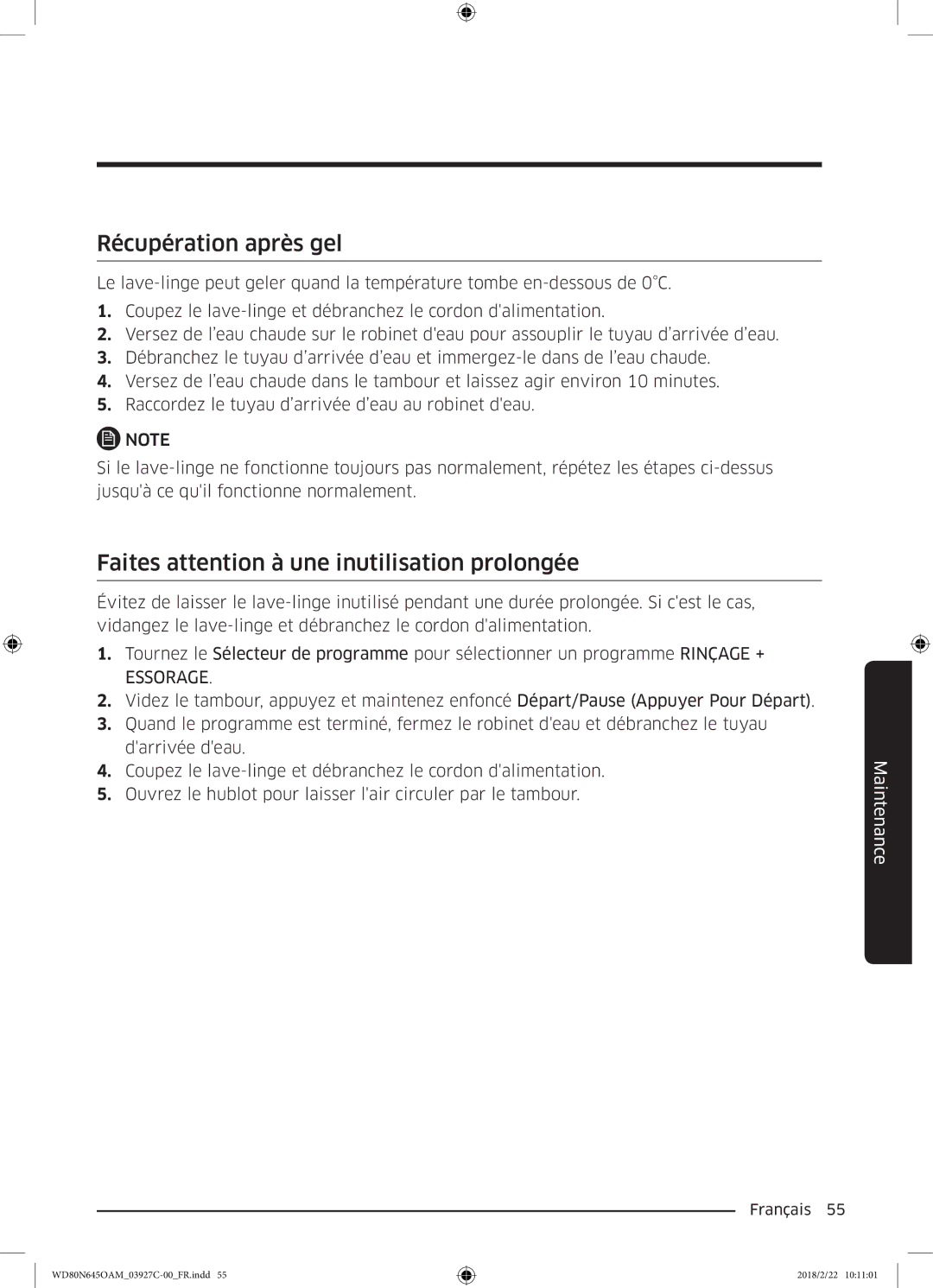 Samsung WD80N645OAX/EF, WD80N645OAM/EF manual Récupération après gel, Faites attention à une inutilisation prolongée 