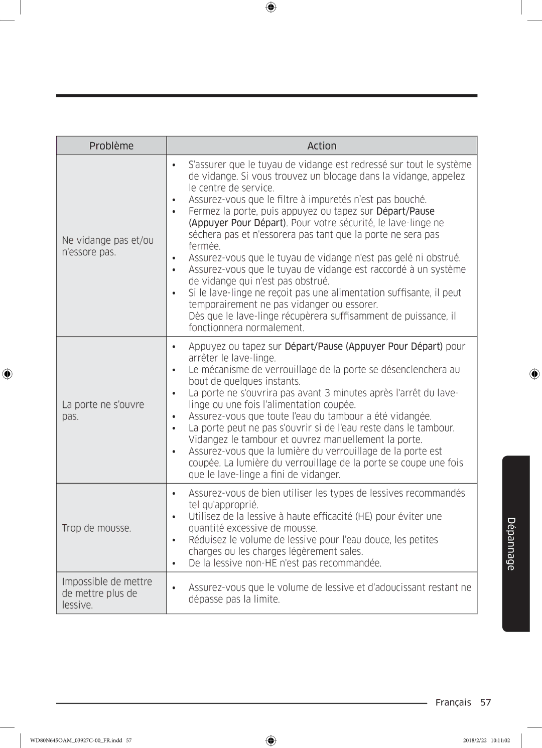 Samsung WD80N645OAX/EF, WD80N645OAM/EF manual Dépannage 