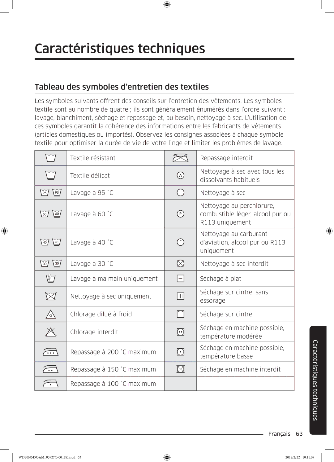 Samsung WD80N645OAX/EF, WD80N645OAM/EF manual Caractéristiques techniques, Tableau des symboles d’entretien des textiles 