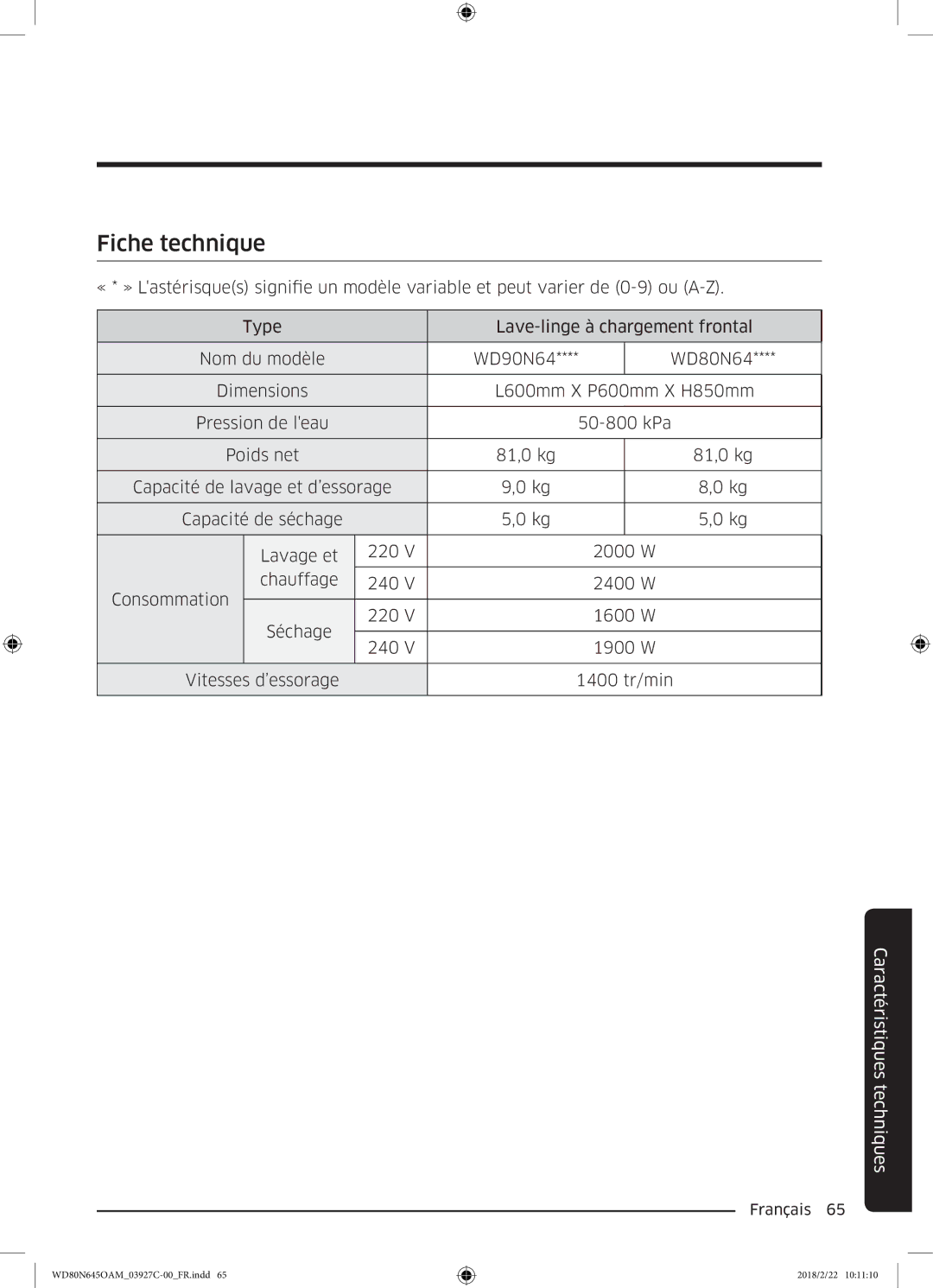 Samsung WD80N645OAX/EF, WD80N645OAM/EF manual Fiche technique 