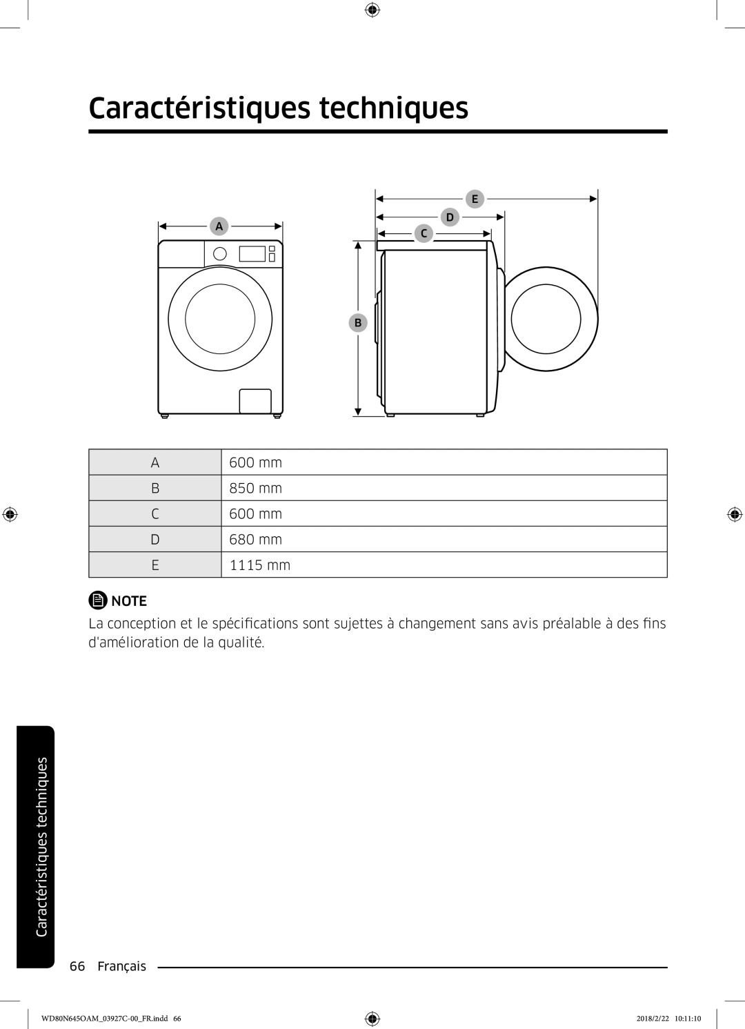 Samsung WD80N645OAM/EF, WD80N645OAX/EF manual Caractéristiques techniques 