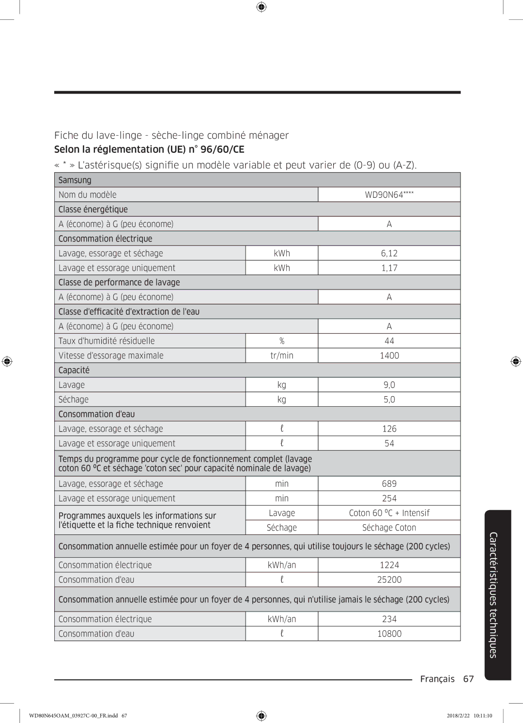 Samsung WD80N645OAX/EF, WD80N645OAM/EF manual Samsung Nom du modèle 