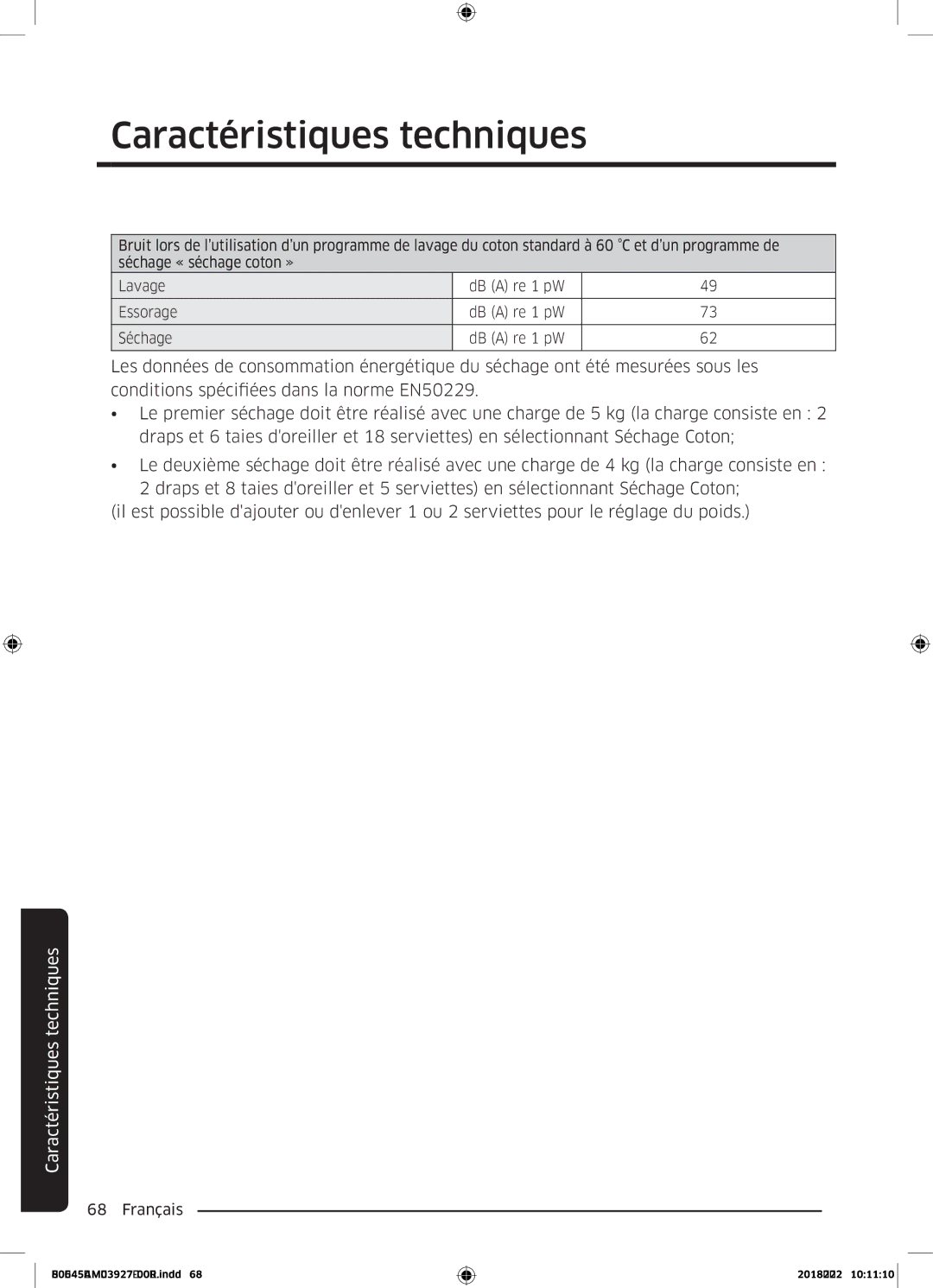 Samsung WD80N645OAM/EF, WD80N645OAX/EF manual Caractéristiques techniques 