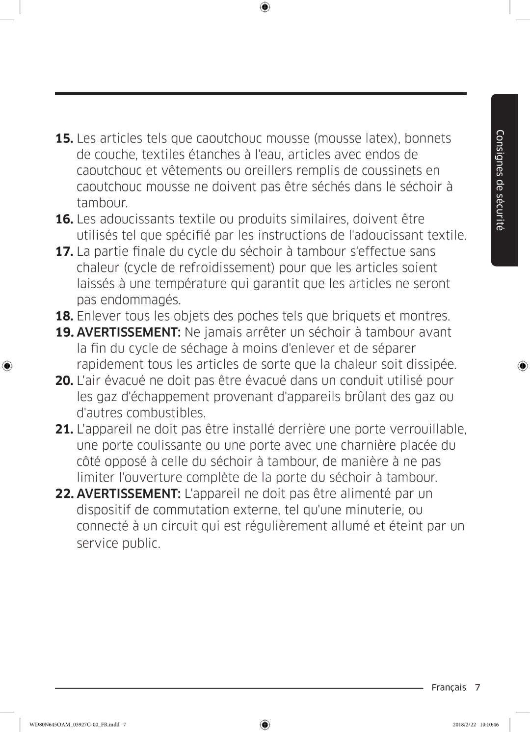 Samsung WD80N645OAX/EF, WD80N645OAM/EF manual Consignes de sécurité 