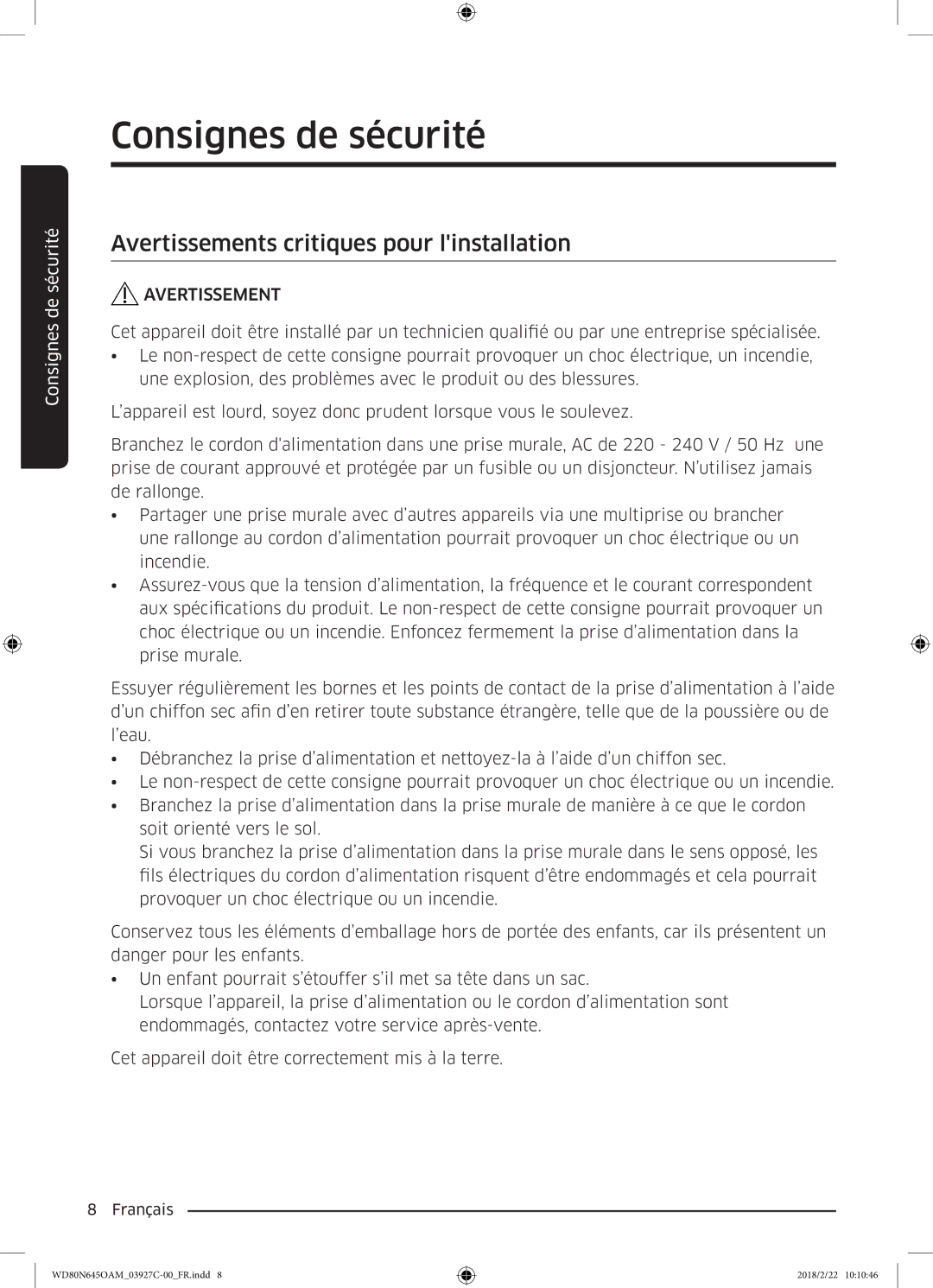 Samsung WD80N645OAM/EF, WD80N645OAX/EF manual Avertissements critiques pour linstallation 