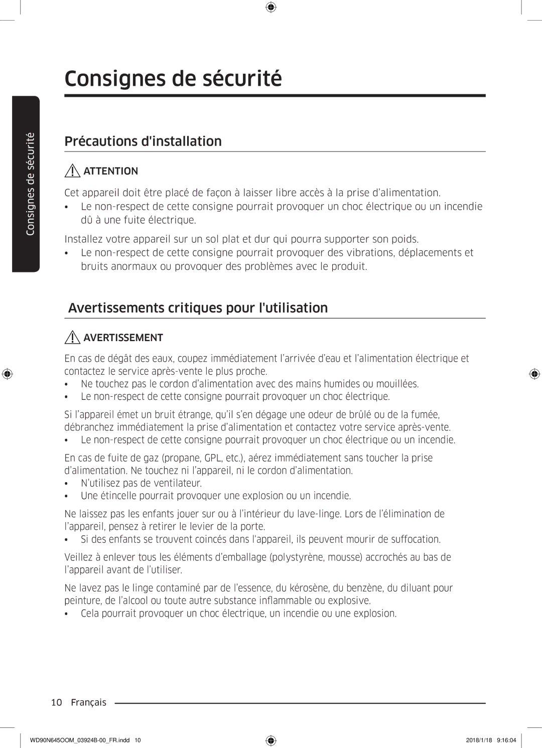 Samsung WD80N645OOM/EF, WD90N645OOM/EF manual Précautions dinstallation, Avertissements critiques pour lutilisation 