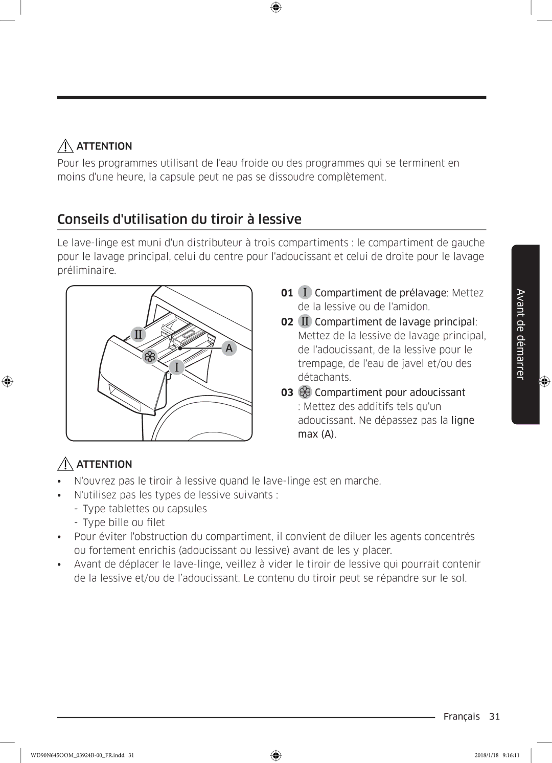 Samsung WD90N645OOM/EF, WD80N645OOM/EF manual Conseils dutilisation du tiroir à lessive 