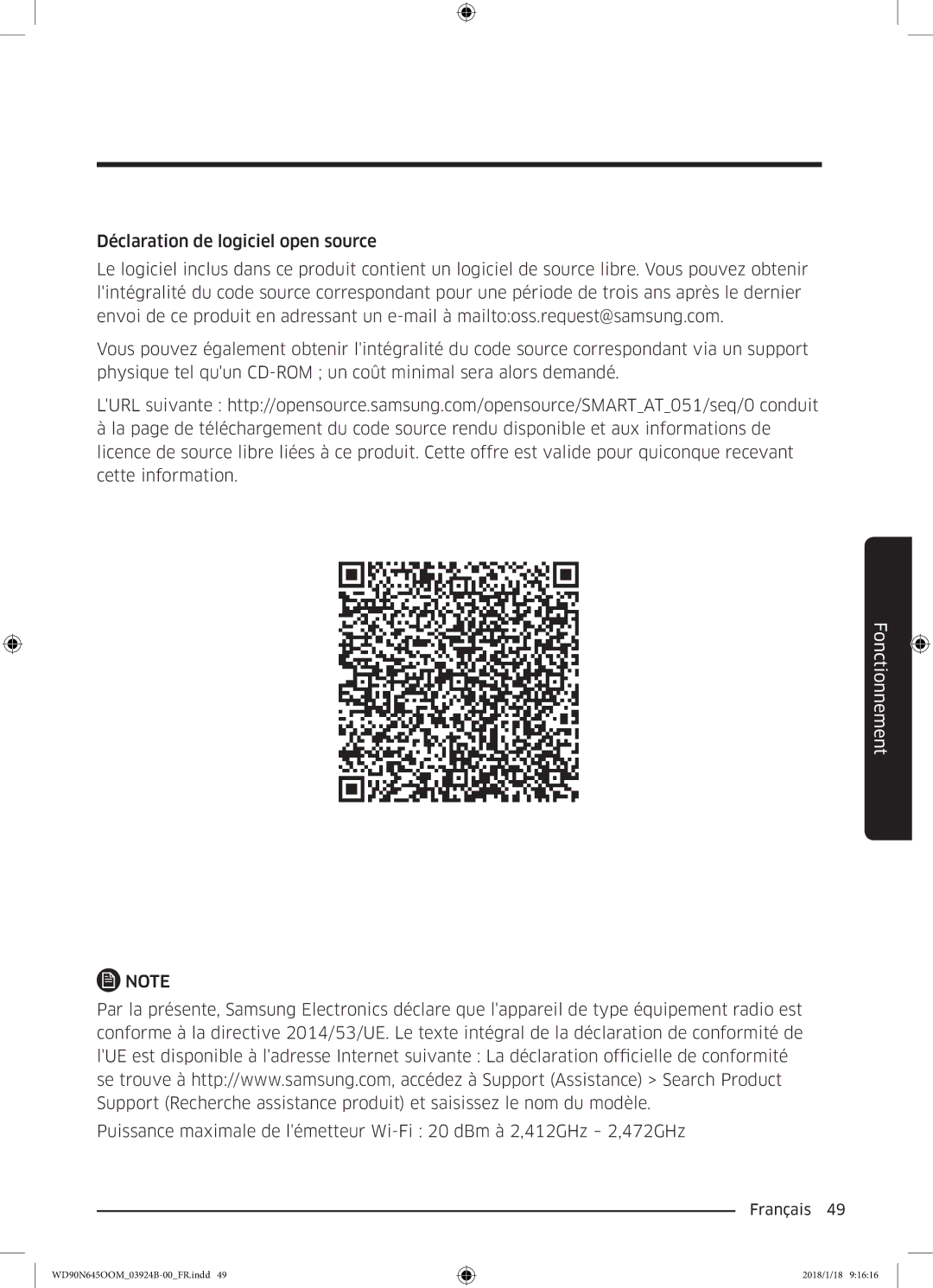 Samsung WD90N645OOM/EF, WD80N645OOM/EF manual Fonctionnement 