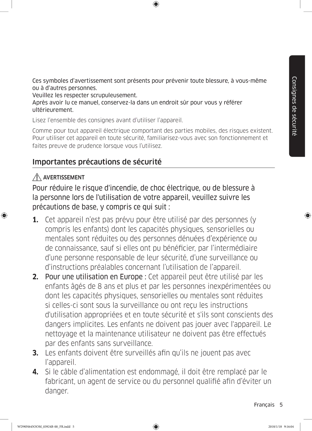 Samsung WD90N645OOM/EF, WD80N645OOM/EF manual Importantes précautions de sécurité 