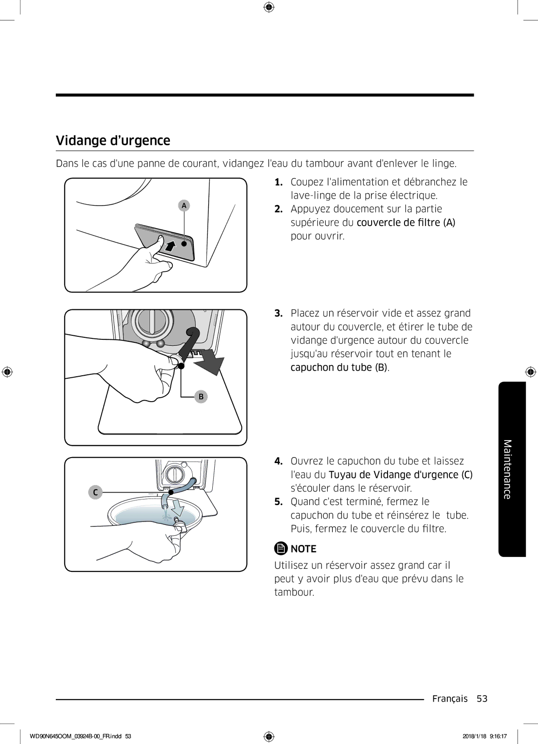 Samsung WD90N645OOM/EF, WD80N645OOM/EF manual Vidange d’urgence 