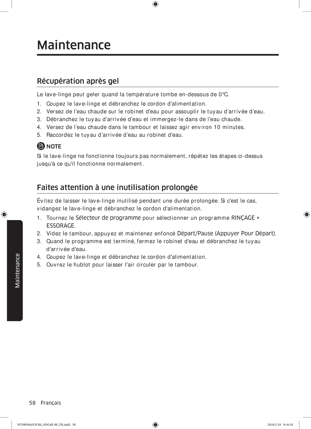 Samsung WD80N645OOM/EF, WD90N645OOM/EF manual Récupération après gel, Faites attention à une inutilisation prolongée 