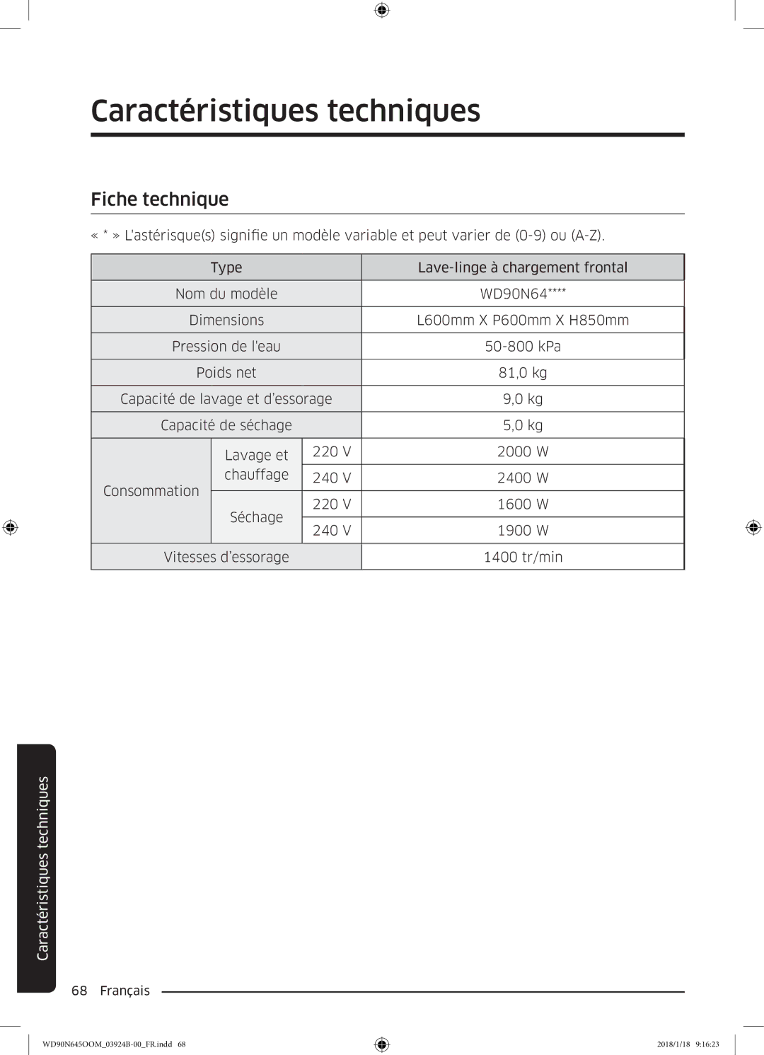 Samsung WD80N645OOM/EF, WD90N645OOM/EF manual Fiche technique 