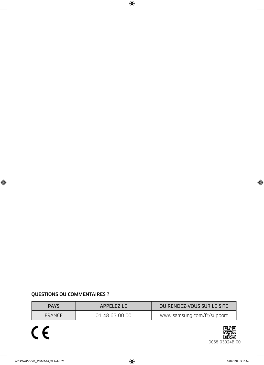 Samsung WD80N645OOM/EF, WD90N645OOM/EF manual 01 48 63 00 