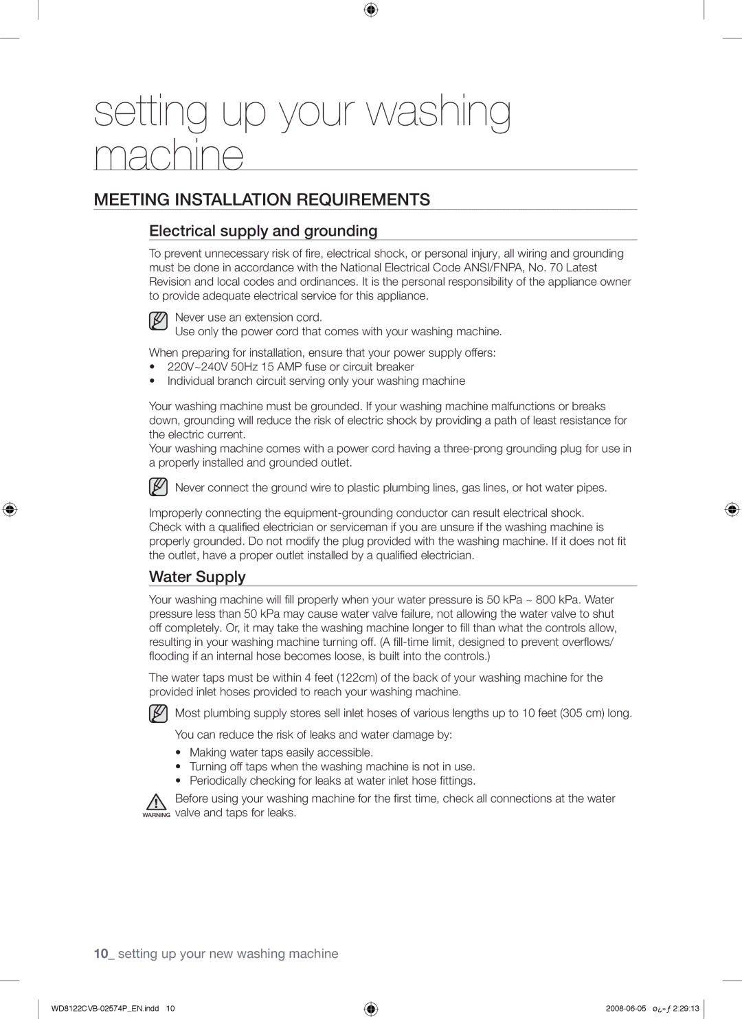 Samsung WD8122CVB/YL, WD8122CVB/HAC manual Meeting Installation Requirements, Electrical supply and grounding, Water Supply 