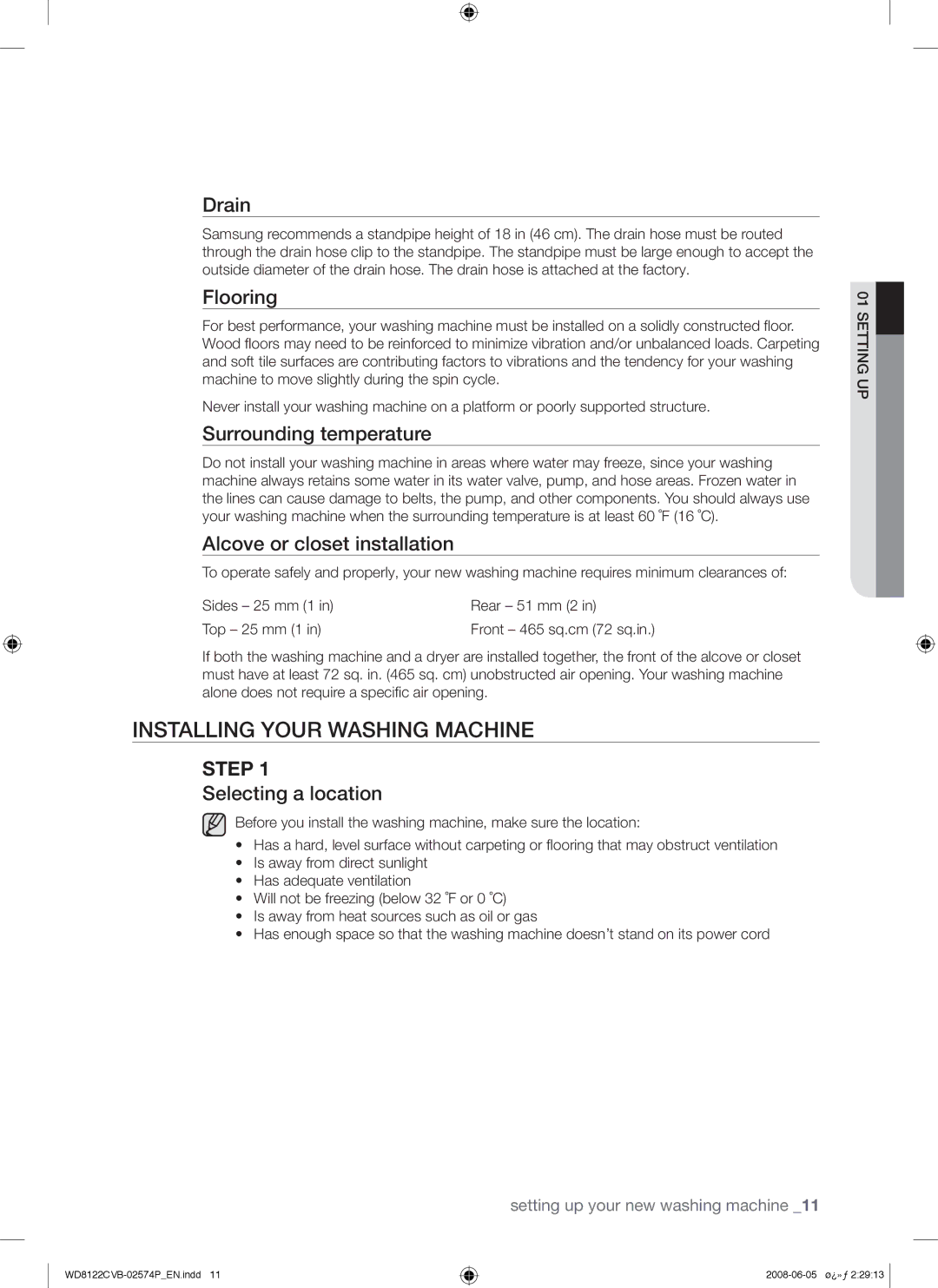 Samsung WD8122CVD/YAS, WD8122CVB/HAC, WD8122CVB/XSG, WD8122CVB/YL manual Installing Your Washing Machine 