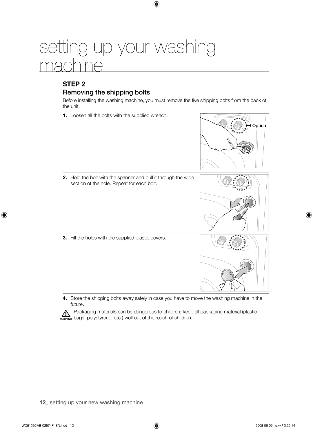 Samsung WD8122CVB/HAC, WD8122CVB/XSG, WD8122CVB/YL, WD8122CVD/YAS manual Removing the shipping bolts 