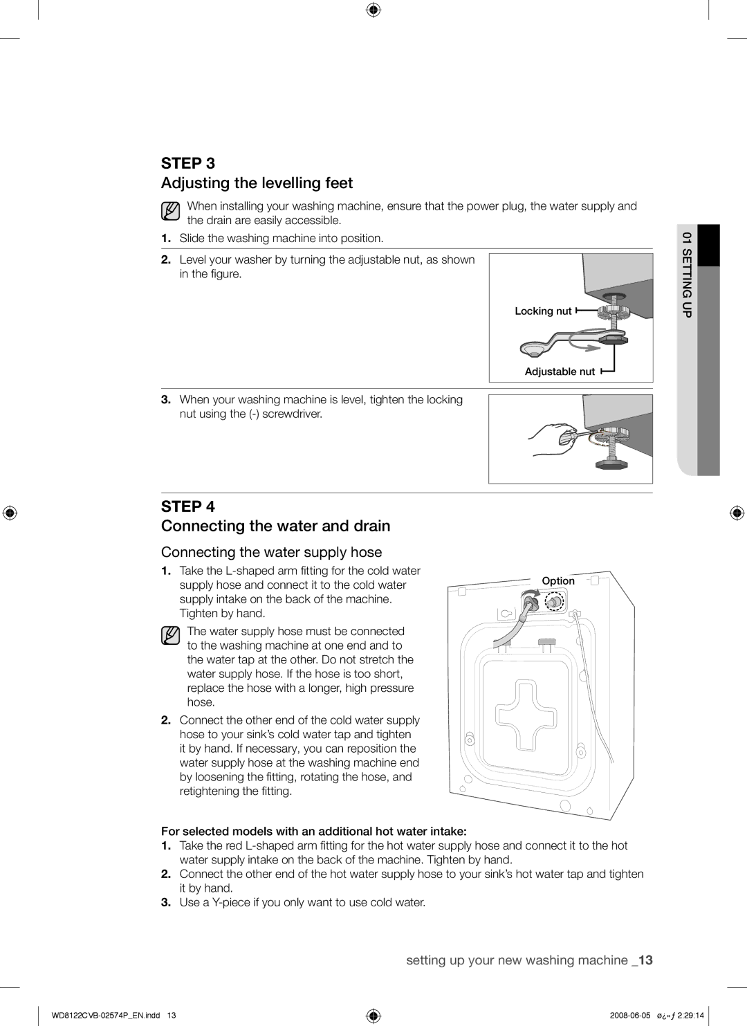 Samsung WD8122CVB/XSG, WD8122CVB/HAC, WD8122CVB/YL manual Adjusting the levelling feet, Connecting the water and drain 