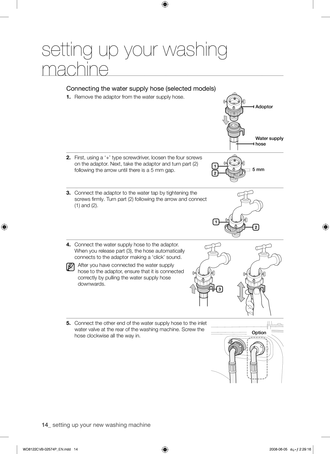 Samsung WD8122CVB/YL manual Remove the adaptor from the water supply hose, Connect the water supply hose to the adaptor 