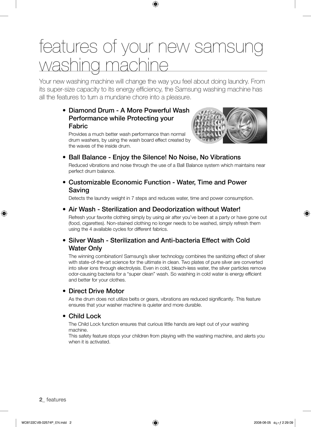 Samsung WD8122CVB/YL, WD8122CVB/HAC, WD8122CVB/XSG, WD8122CVD/YAS manual Features of your new samsung washing machine 