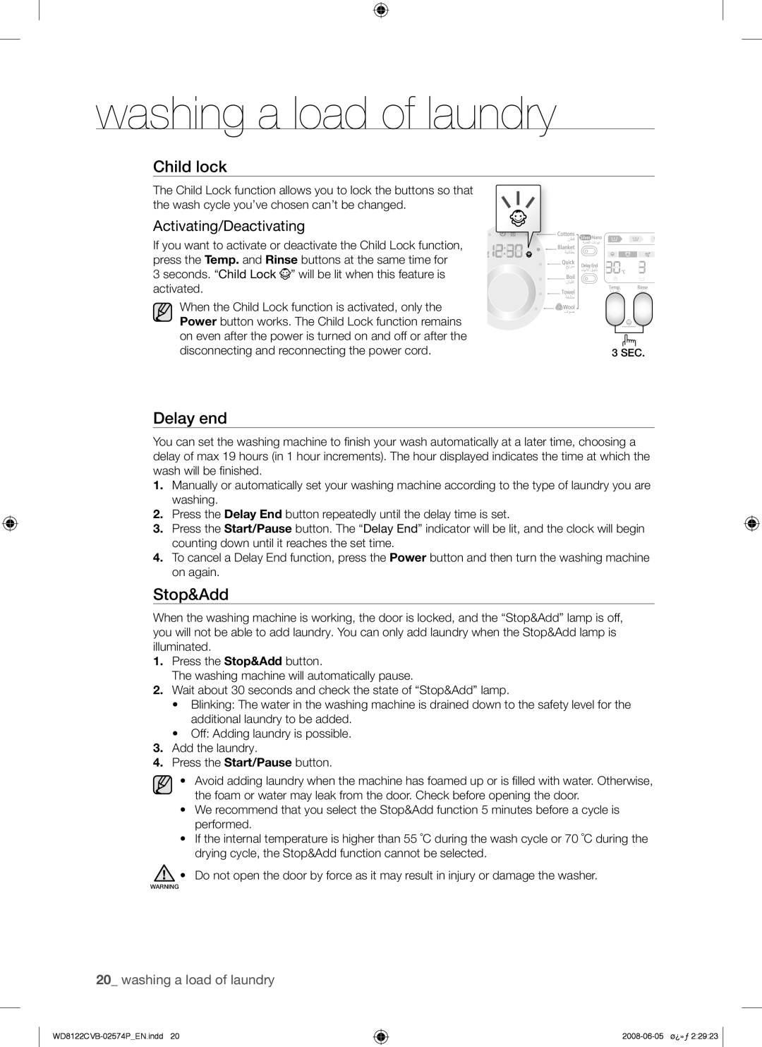 Samsung WD8122CVB/HAC, WD8122CVB/XSG, WD8122CVB/YL, WD8122CVD/YAS manual Stop&Add, Activating/Deactivating 