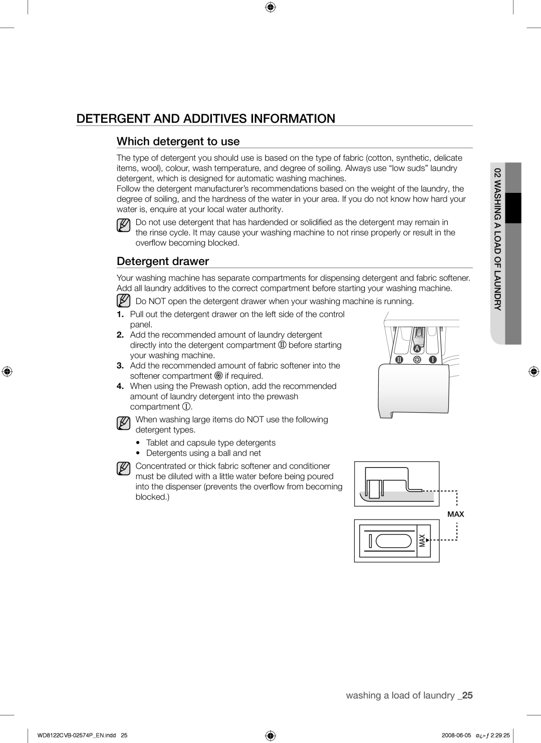 Samsung WD8122CVB/XSG, WD8122CVB/HAC manual Detergent and Additives Information, Which detergent to use, Detergent drawer 