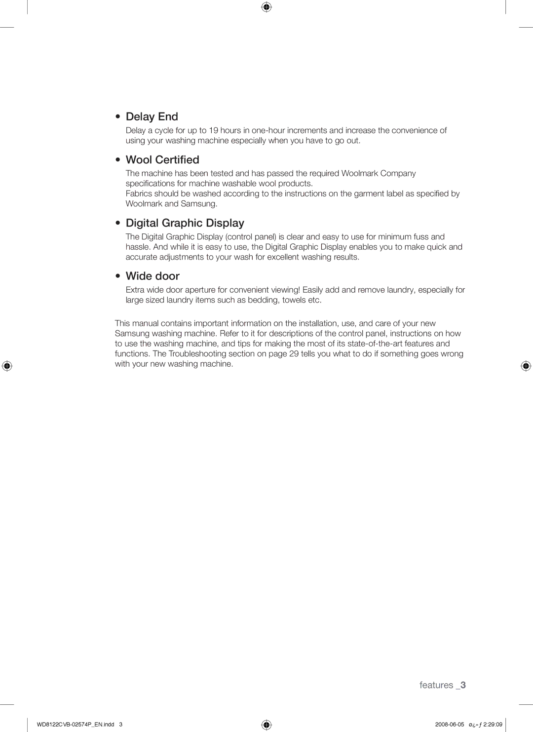 Samsung WD8122CVD/YAS, WD8122CVB/HAC, WD8122CVB/XSG manual Delay End, Wool Certiﬁed, Digital Graphic Display, Wide door 