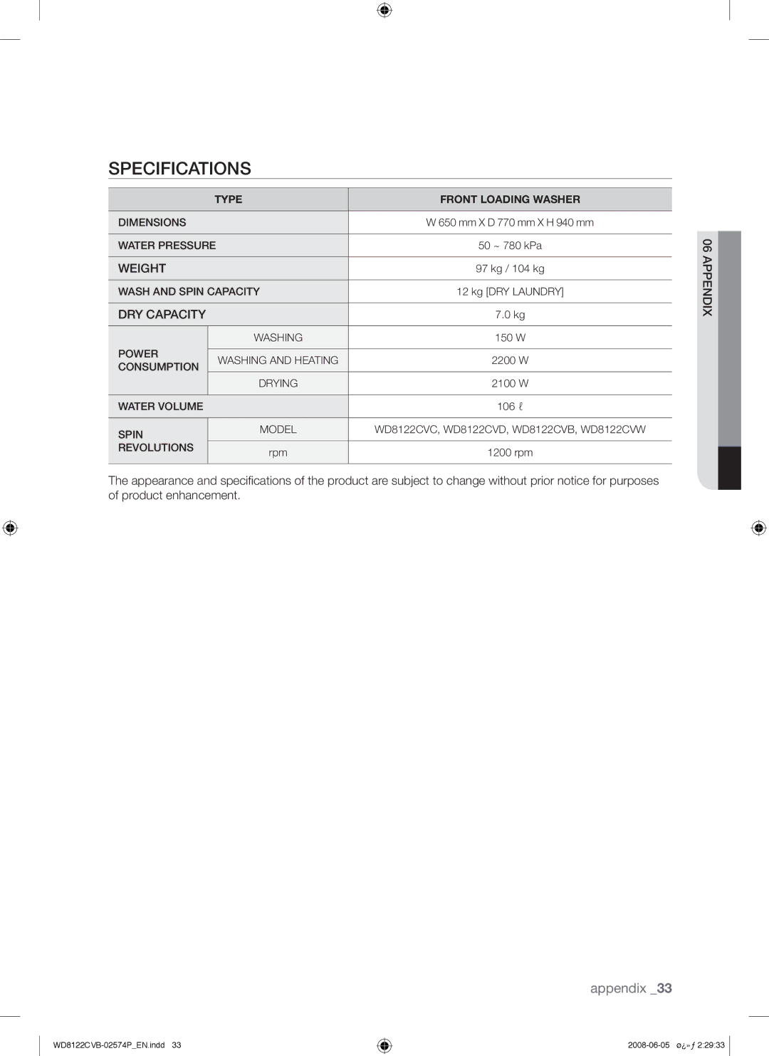 Samsung WD8122CVB/XSG, WD8122CVB/HAC, WD8122CVB/YL, WD8122CVD/YAS manual Specifications, DRY Capacity 