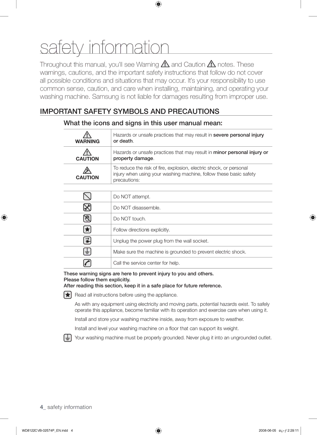 Samsung WD8122CVB/HAC manual Safety information, Important Safety Symbols and Precautions, Or death, Property damage 