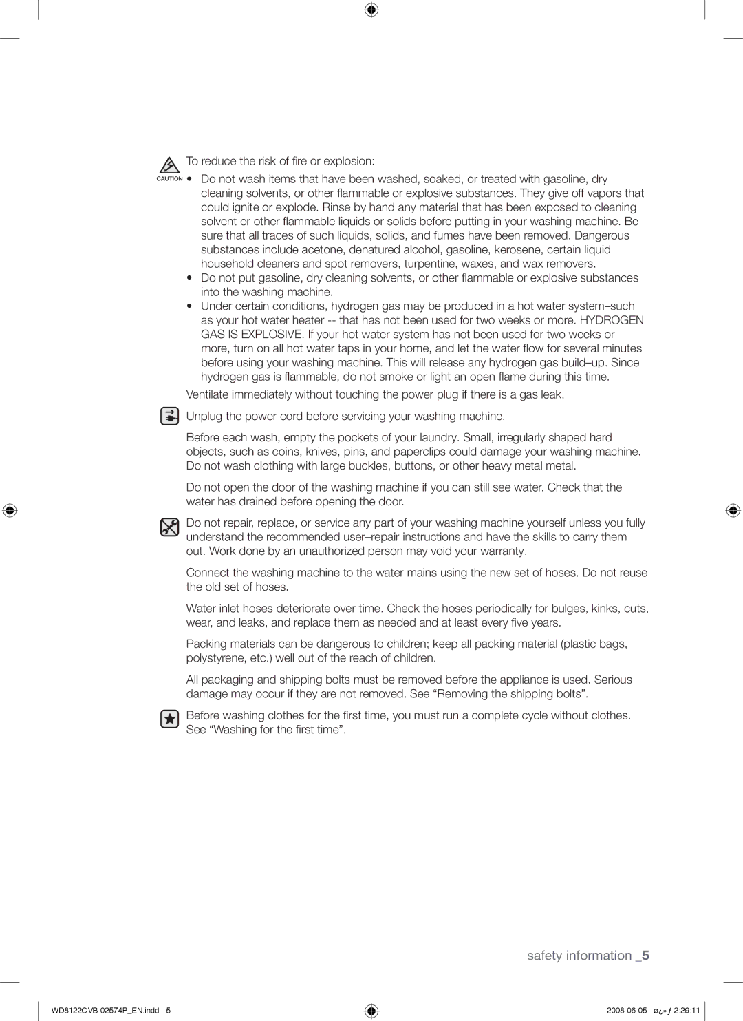 Samsung WD8122CVB/XSG, WD8122CVB/HAC, WD8122CVB/YL, WD8122CVD/YAS manual Safety information 