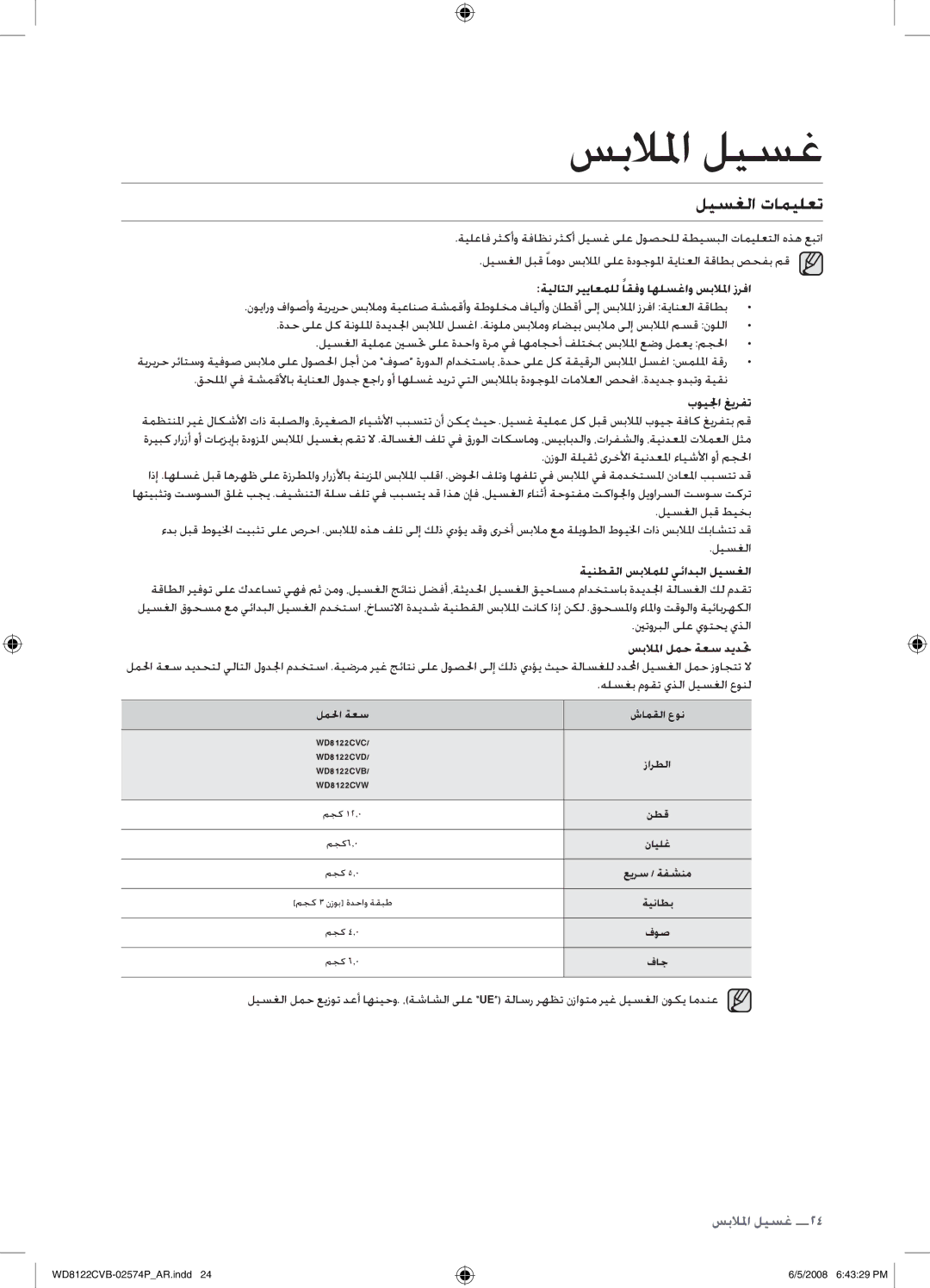 Samsung WD8122CVB/HAC, WD8122CVB/YL ليسغلا تاميلعت, ةيلاتلا ريياعملل اقفو اهلسغاو سبللما زرفا, هلسغب موقت يذلا ليسغلا عونل 