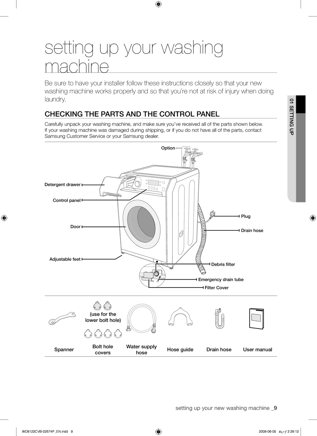 Samsung WD8122CVB/XSG, WD8122CVB/HAC manual Setting up your washing machine, Checking the Parts and the Control Panel 