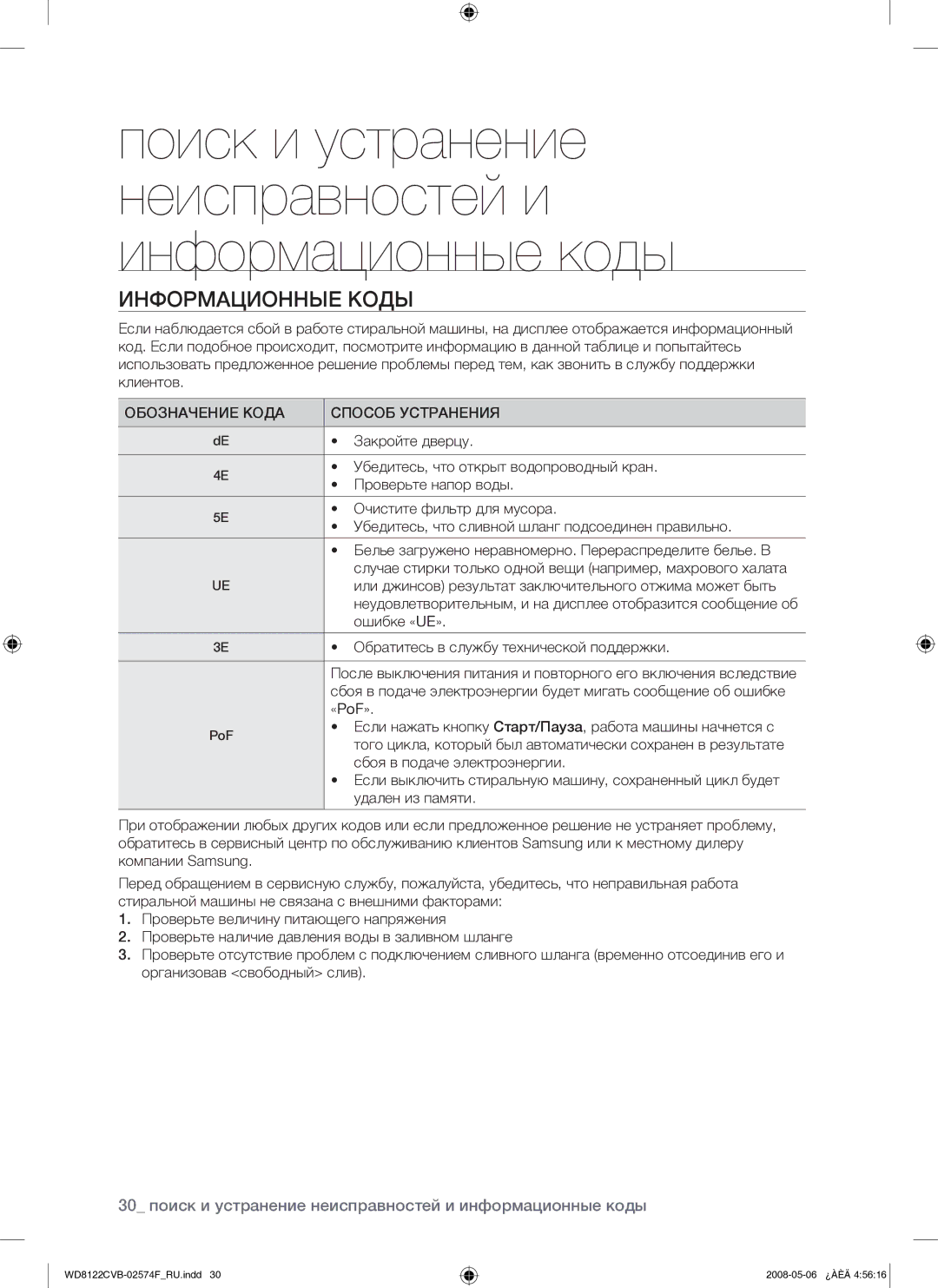 Samsung WD8122CVB/YLP manual Информационные Коды, Обозначение Кода Способ Устранения 