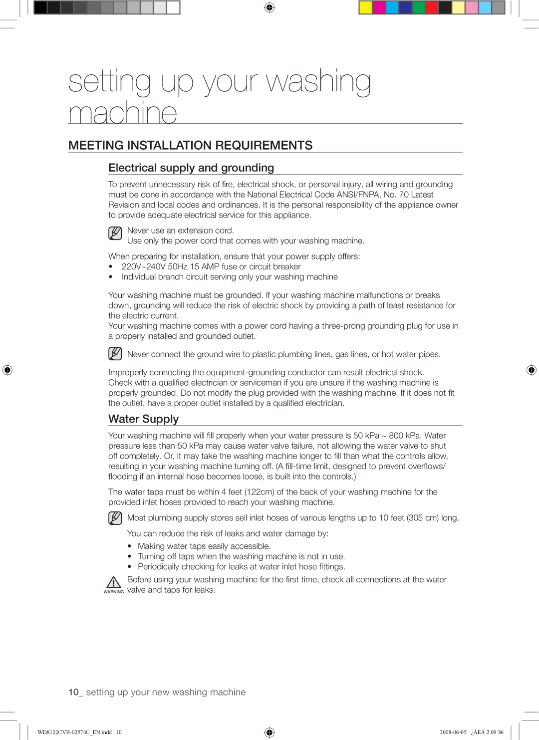 Samsung WD8122CVW, WD8122CVC, WD8122CVB Meeting Installation Requirements, Electrical supply and grounding, Water Supply 