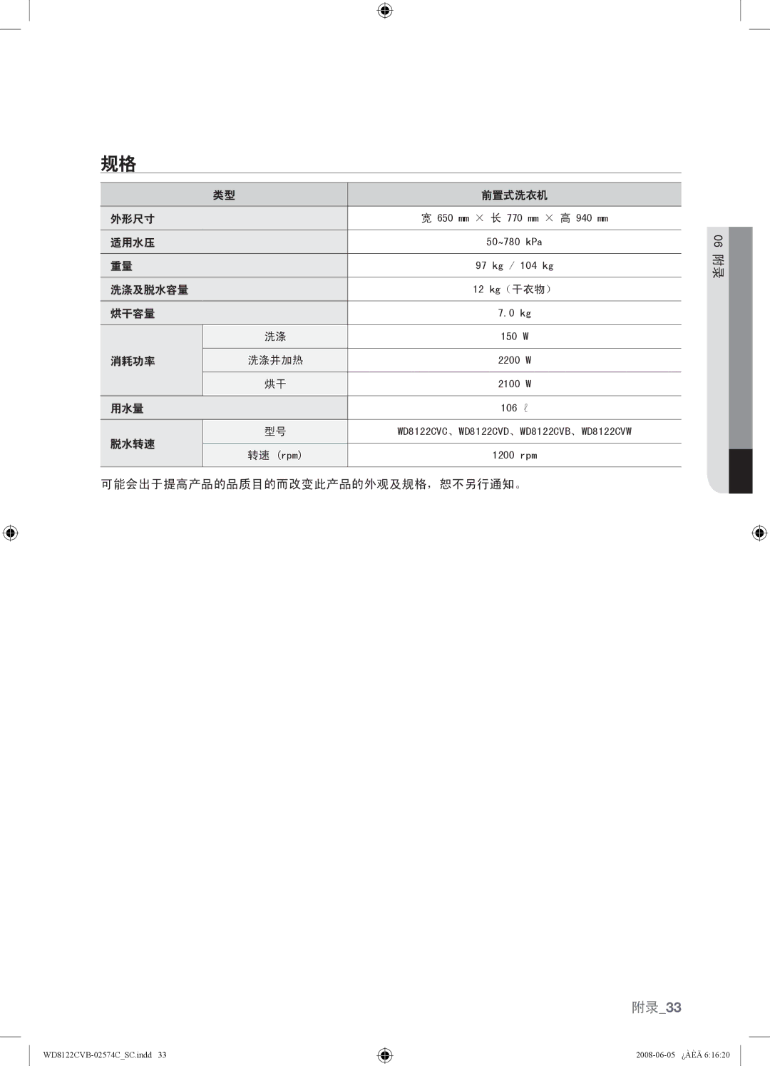 Samsung WD8122CVB, WD8122CVC, WD8122CVW, WD8122CVD user manual 附录33 