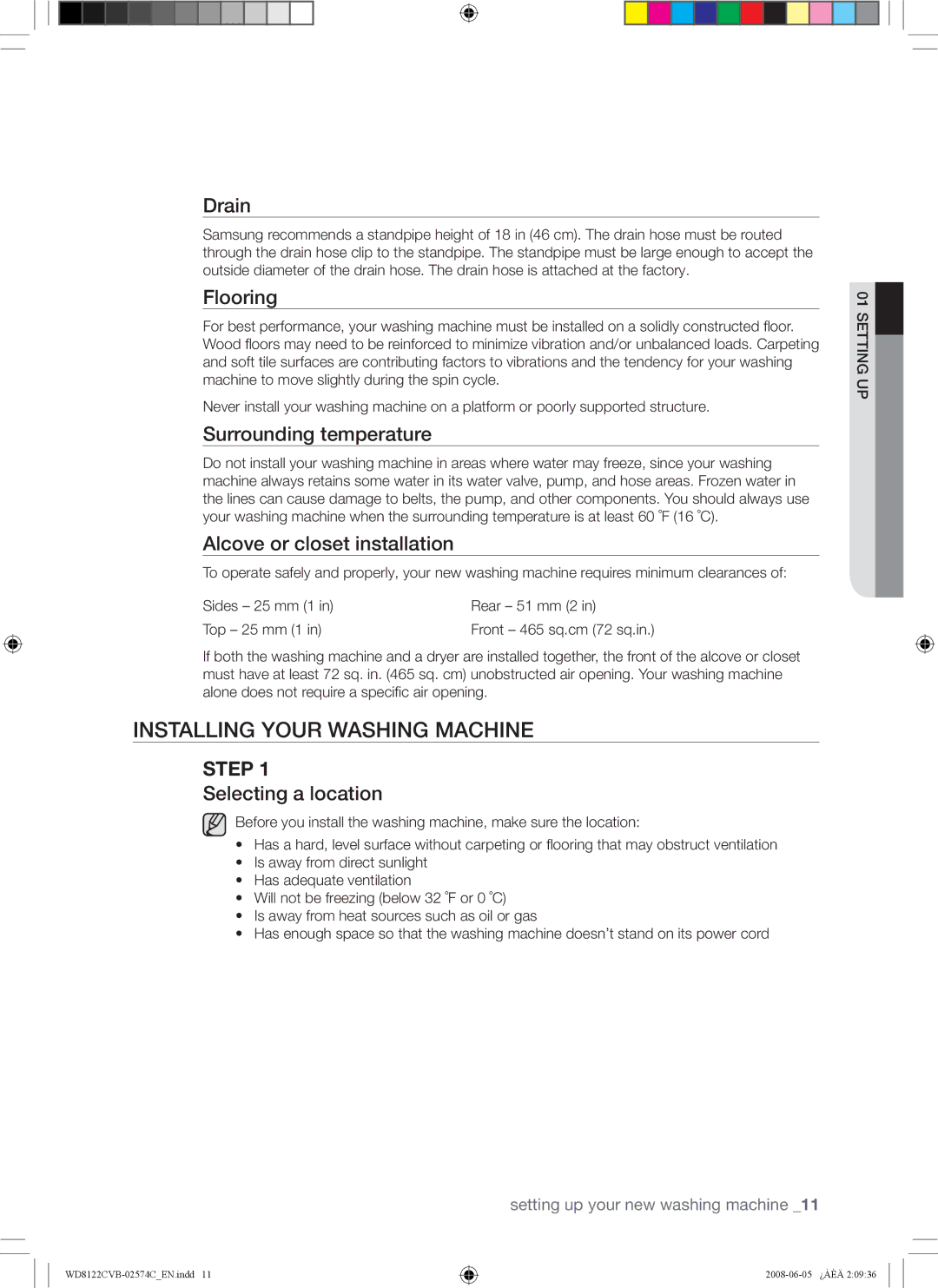 Samsung WD8122CVD, WD8122CVC, WD8122CVB, WD8122CVW user manual Installing Your Washing Machine 