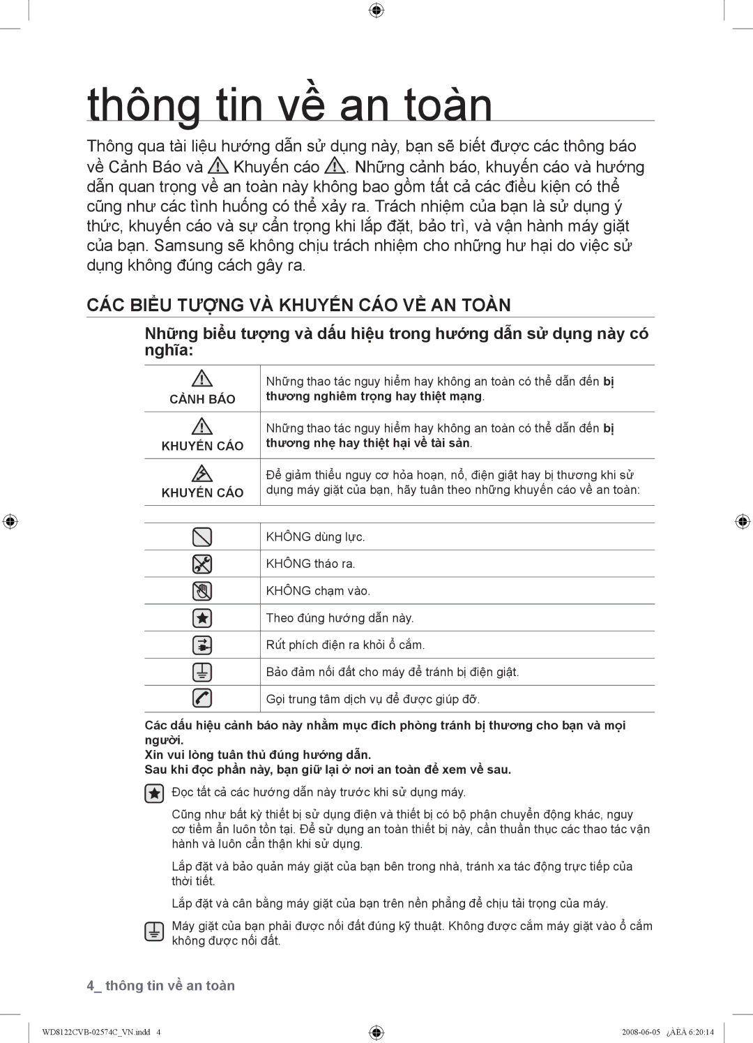 Samsung WD8122CVC, WD8122CVB, WD8122CVW, WD8122CVD Thông tin về an toàn, CÁC Biểu Tượng VÀ Khuyến CÁO VỀ AN Toàn, Cảnh BÁO 
