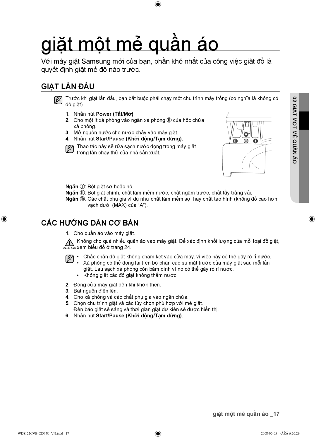 Samsung WD8122CVB, WD8122CVC, WD8122CVW Giặt một mẻ quần áo, Giặt LẦN ĐẦU, CÁC Hướng DẪN CƠ BẢN, 02 Giặt MỘT MẺ Quần ÁO 
