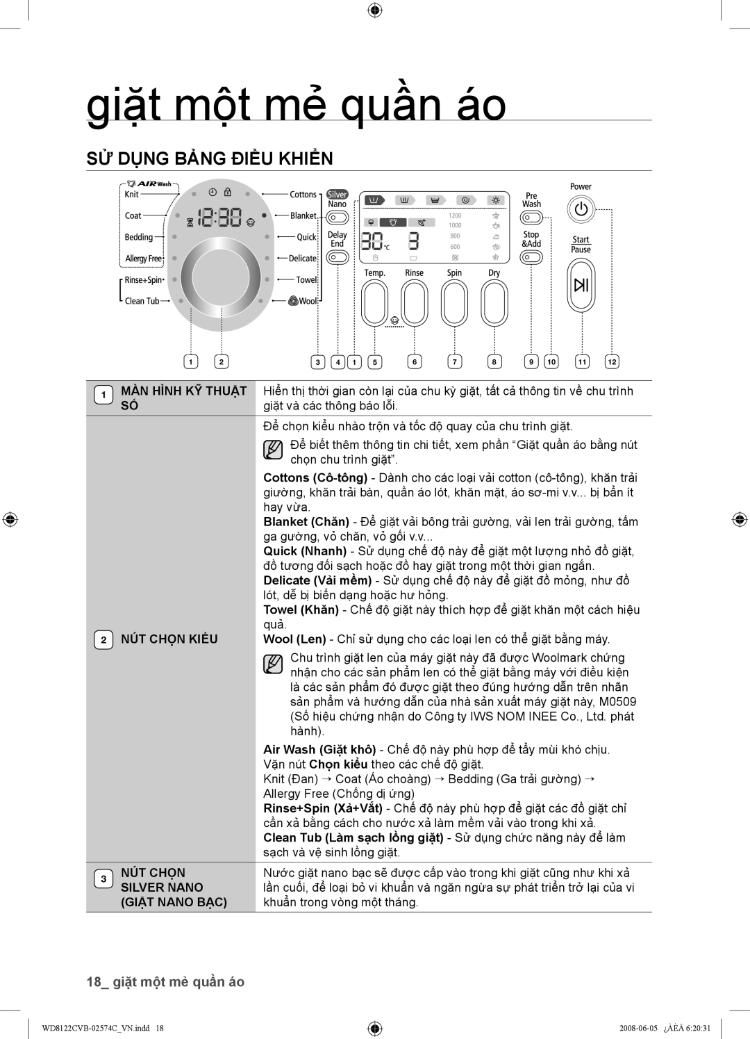 Samsung WD8122CVW, WD8122CVC, WD8122CVB, WD8122CVD user manual SỬ Dụng Bảng Điều Khiển, NÚT Chọn Kiểu, Giặt Nano BẠC 