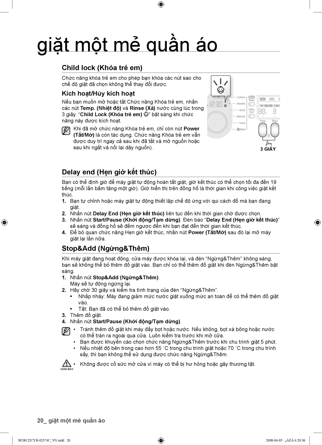 Samsung WD8122CVC, WD8122CVB, WD8122CVW, WD8122CVD user manual Stop&Add Ngừng&Thêm, Kích hoạt/Hủy kích hoạt 