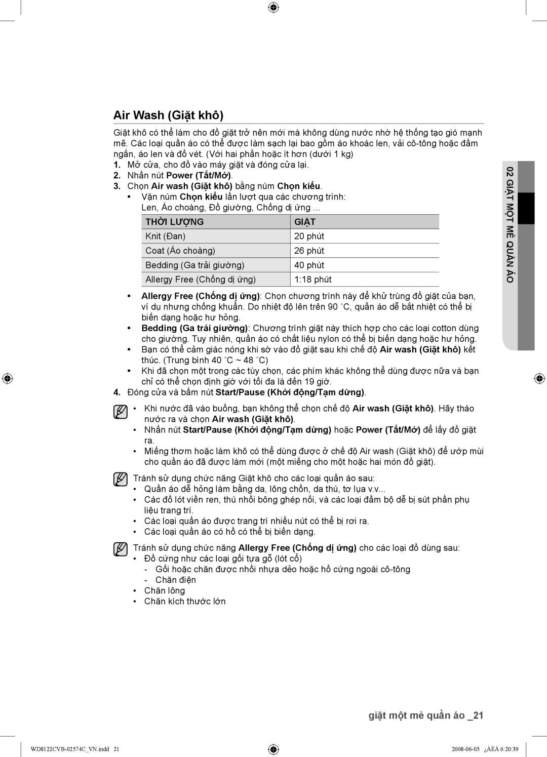 Samsung WD8122CVB, WD8122CVC, WD8122CVW, WD8122CVD user manual Air Wash Giặt khô, Thời Lượng Giặt 