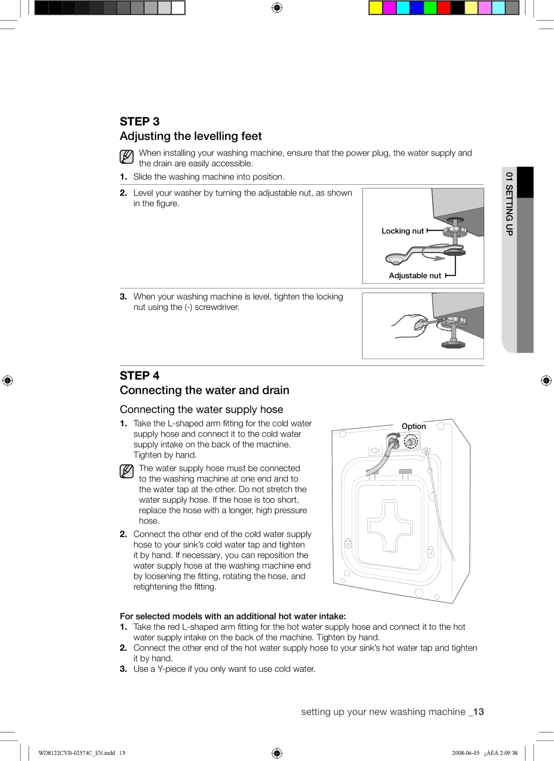 Samsung WD8122CVB, WD8122CVC, WD8122CVW, WD8122CVD user manual Adjusting the levelling feet, Connecting the water and drain 